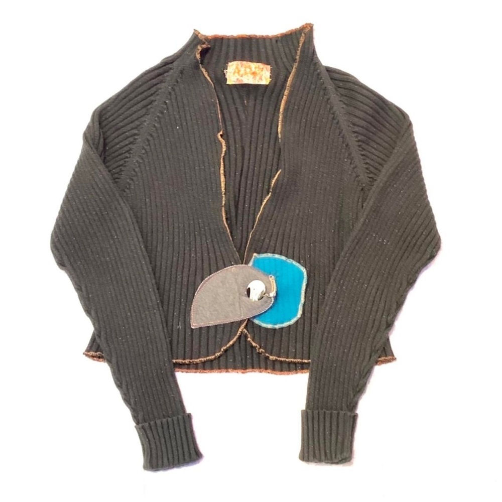 Handmade reworked patchwork cardigan with sparkly ribbed fabric